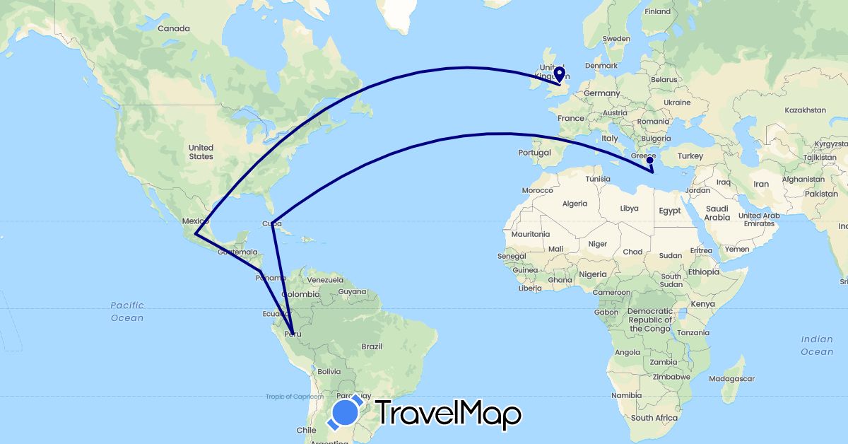 TravelMap itinerary: driving in Costa Rica, Cuba, United Kingdom, Greece, Mexico, Peru (Europe, North America, South America)